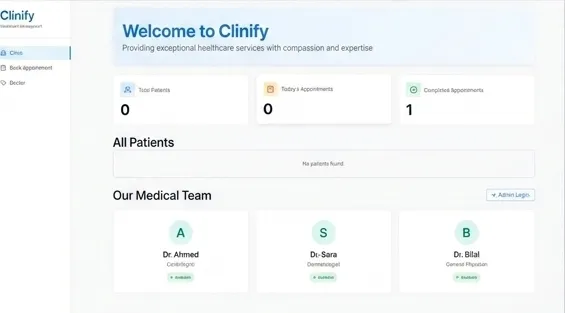 Clinify dashboard: patient and appointment counts, patient list and medical team cards