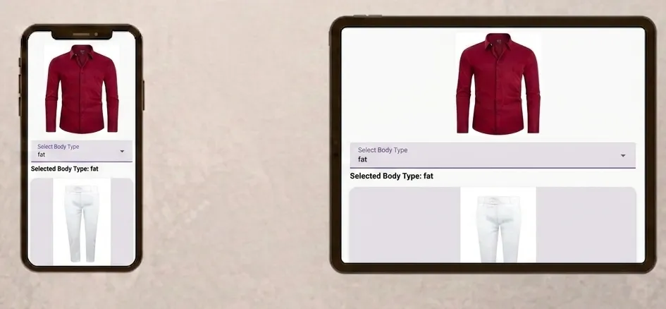 Fashion stylist app on phone and tablet: a detected shirt with matching trousers suggested