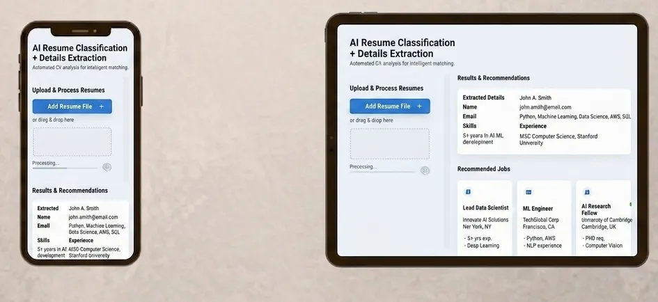 Resume screener on phone and tablet: upload panel with extracted candidate details and recommended jobs