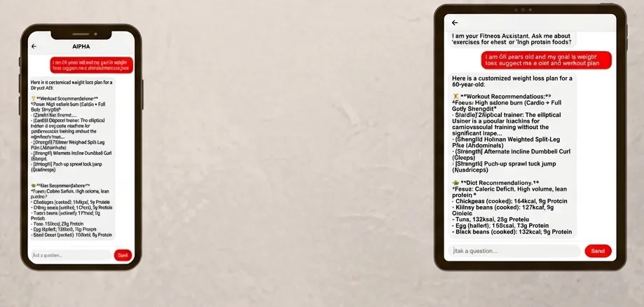 AIPHA chat on phone and tablet: a workout and diet plan generated from the user's question