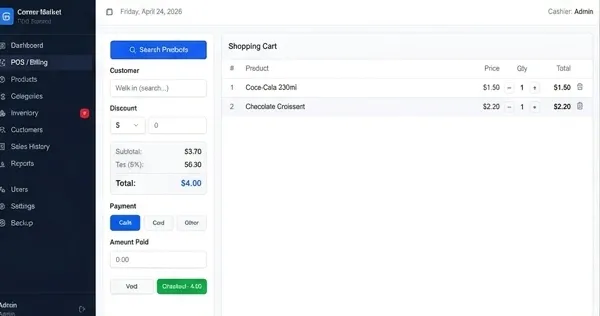 PosNexa billing screen: product search, shopping cart with totals and tax, and cash/card payment buttons